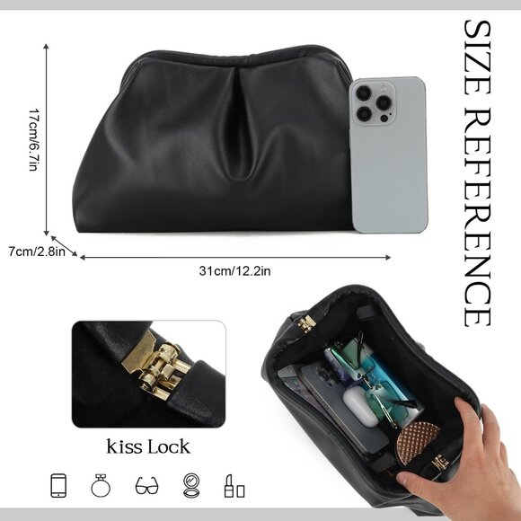 Silvery Soft Leather Dumpling Clutch for Women, Ruched Evening Handbag, Classic - Picture 2 of 7